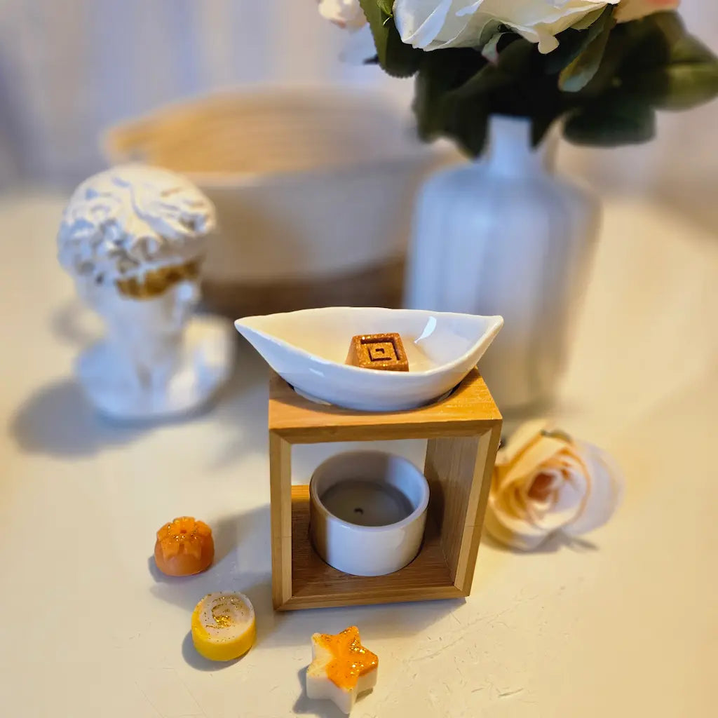 Brûle parfums en céramique et bambou coupelle forme de feuille avec fondant sparfumés
