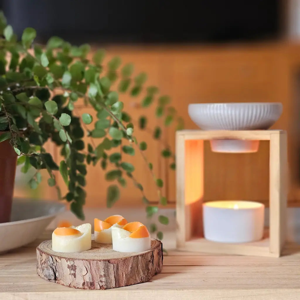 fondant parfumé monoï pêche et brule-parfums en bambou et céramique